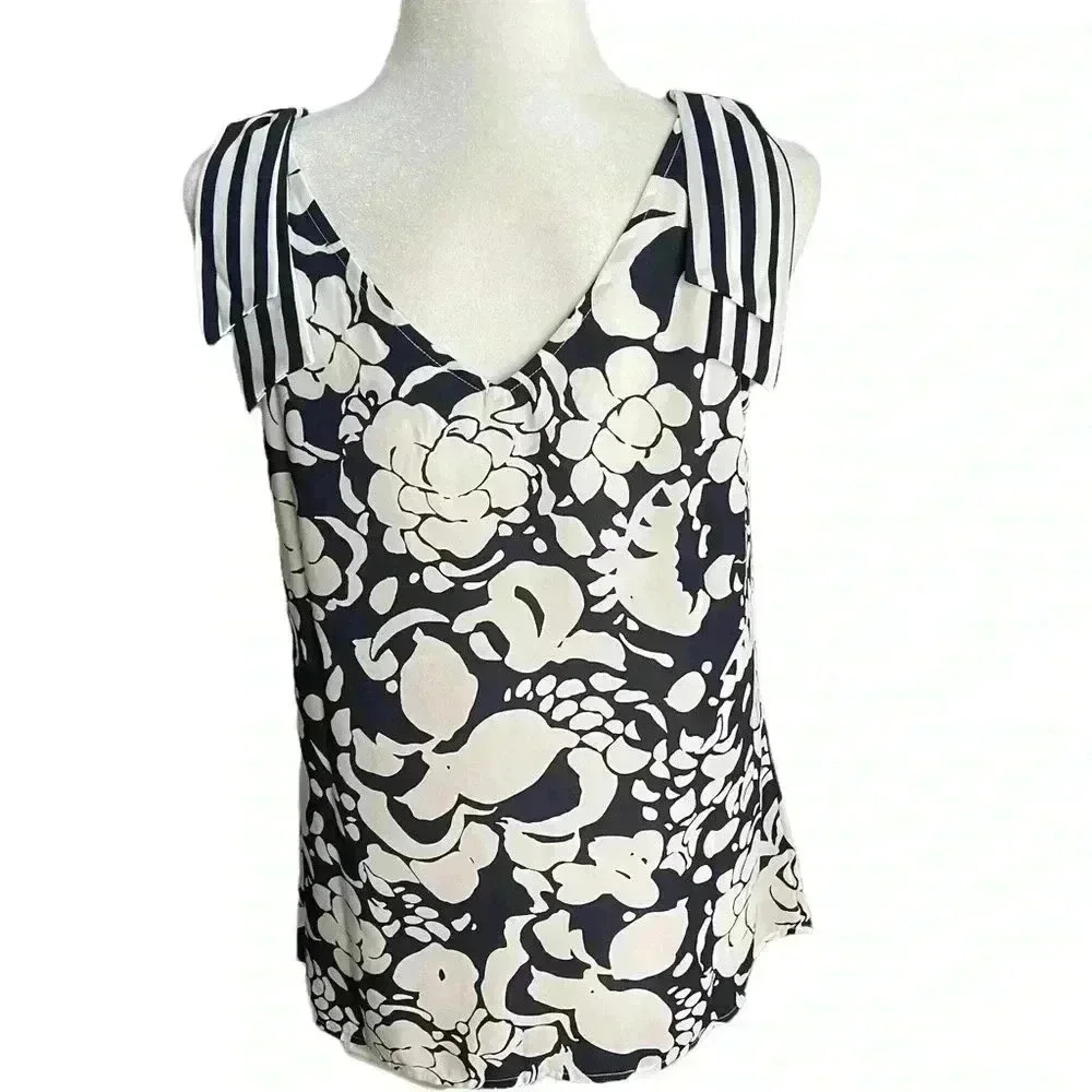 CAbi Mia Navy White Striped Floral Tie/Bow Shoulders Size S